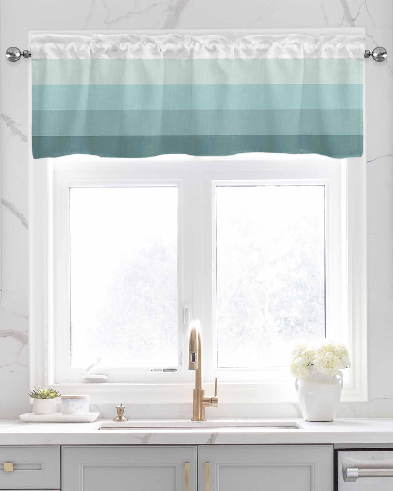 Teal Grey Linen Curtain Valance for Bedroom/Bathroom/Kitchen/Office/Living/Dining Room Window,Minimalist Geometric Turquoise Stripes Pocket Topper Drapes Decorative Cafe Drapery Panel 42"x18"
