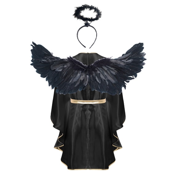 Aislor Angel Men's Halloween Cosplay Outfits Plain Satin Gown with Angel Wings & Headband Black M