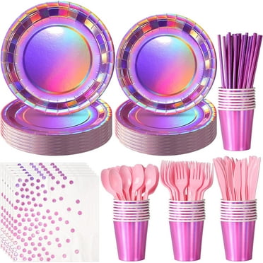 Iridescent Purple & Pink Theme Disposable Party Dinnerware Set - Includes Paper Plates, Cups, Plastic Cutlery (Knives, Forks, Spoons) & Napkins - Perfect for Gatherings, Birthdays and Celebrations