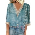 thumbnail image 2 of Teissuly Fashion Women's Summer V-Neck 3/4 Sleeve Lace Splicing Print Casual T-shirt Blouse, 2 of 5