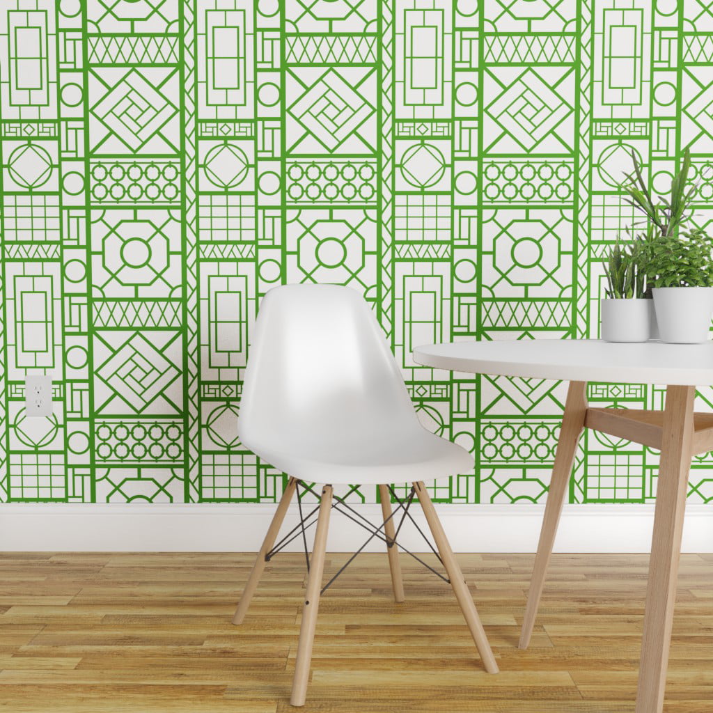 Removable Water-Activated Wallpaper Trellis Green Bamboo Lattice Chinoiserie