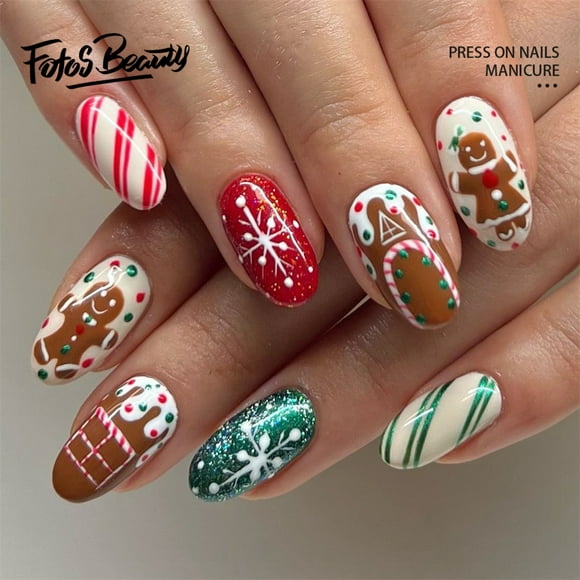 Fofosbeauty 24pcs Press on False Nails Tips,Almond Fake Acrylic Nails, Gingerbread Man Christmas Color