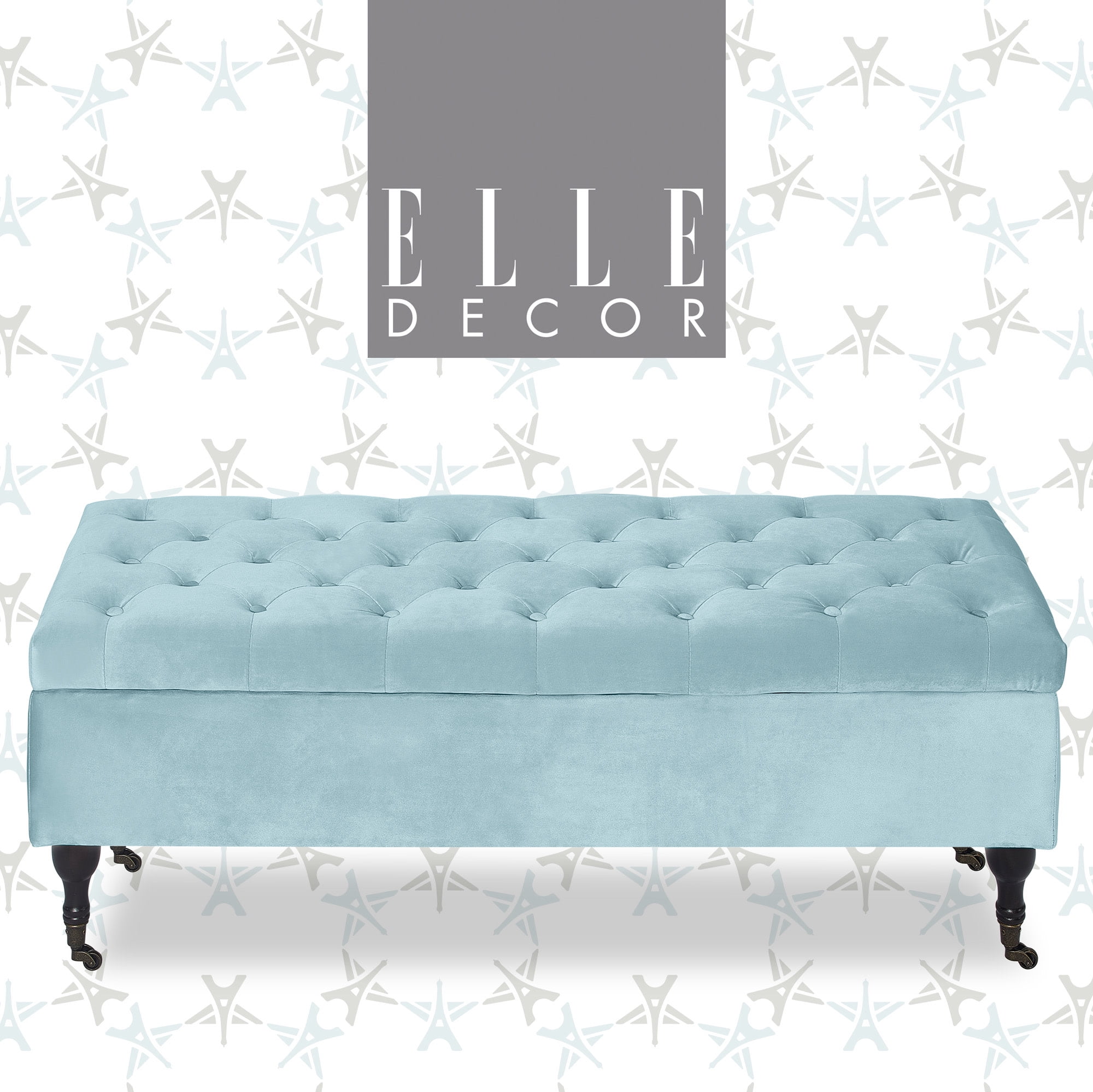 Elle Decor Collette Tufted Storage Bench with Wheels, Vintage Blue