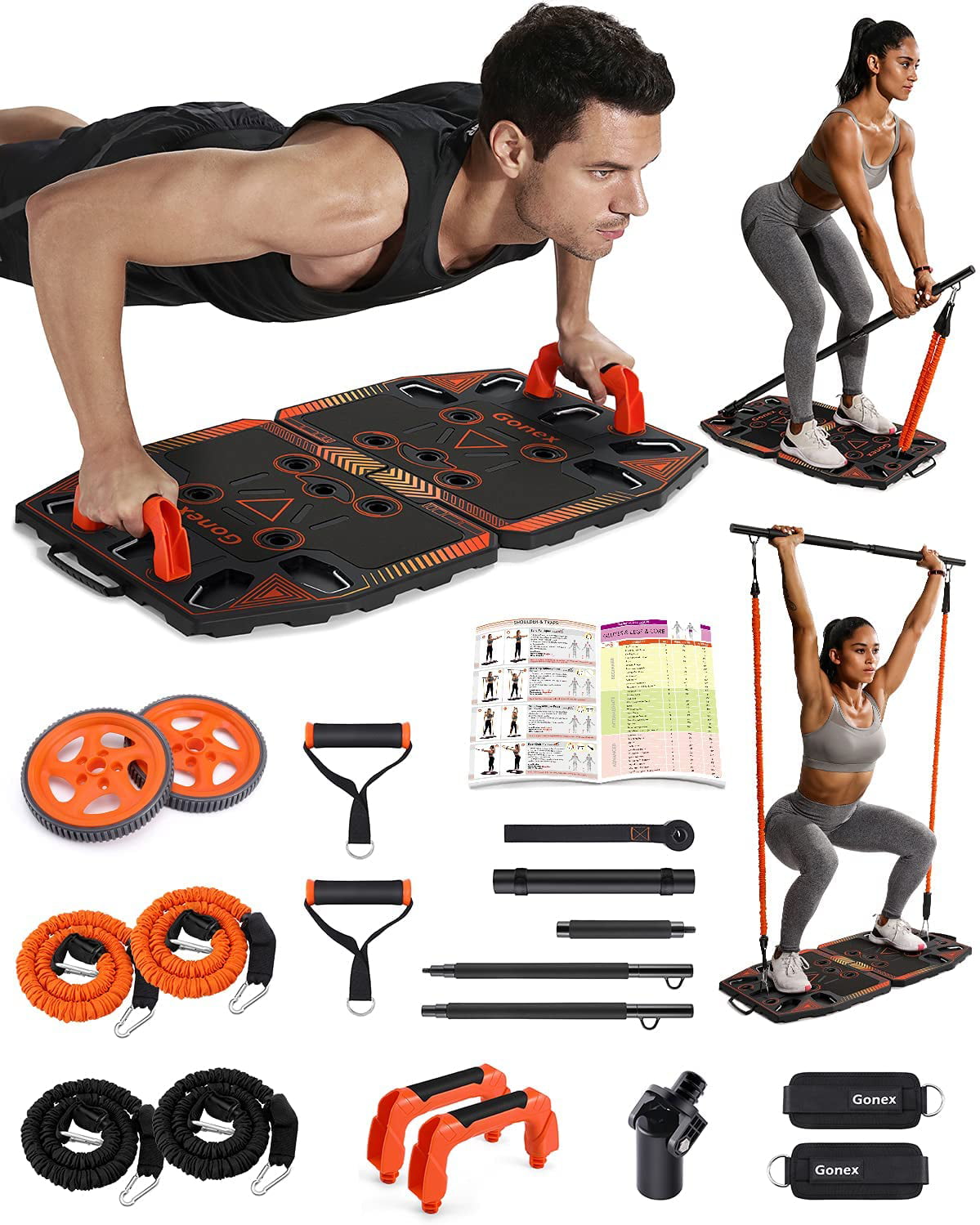 Push-up Handles Including Foldable Fitness Board 2-Section Bar Home Workout Equipment for Women & Men Resistance Bands Ab Roller Wheel Full Body Workouts System w/ 14 Exercise Accessories GYMAX Portable Home Gym 