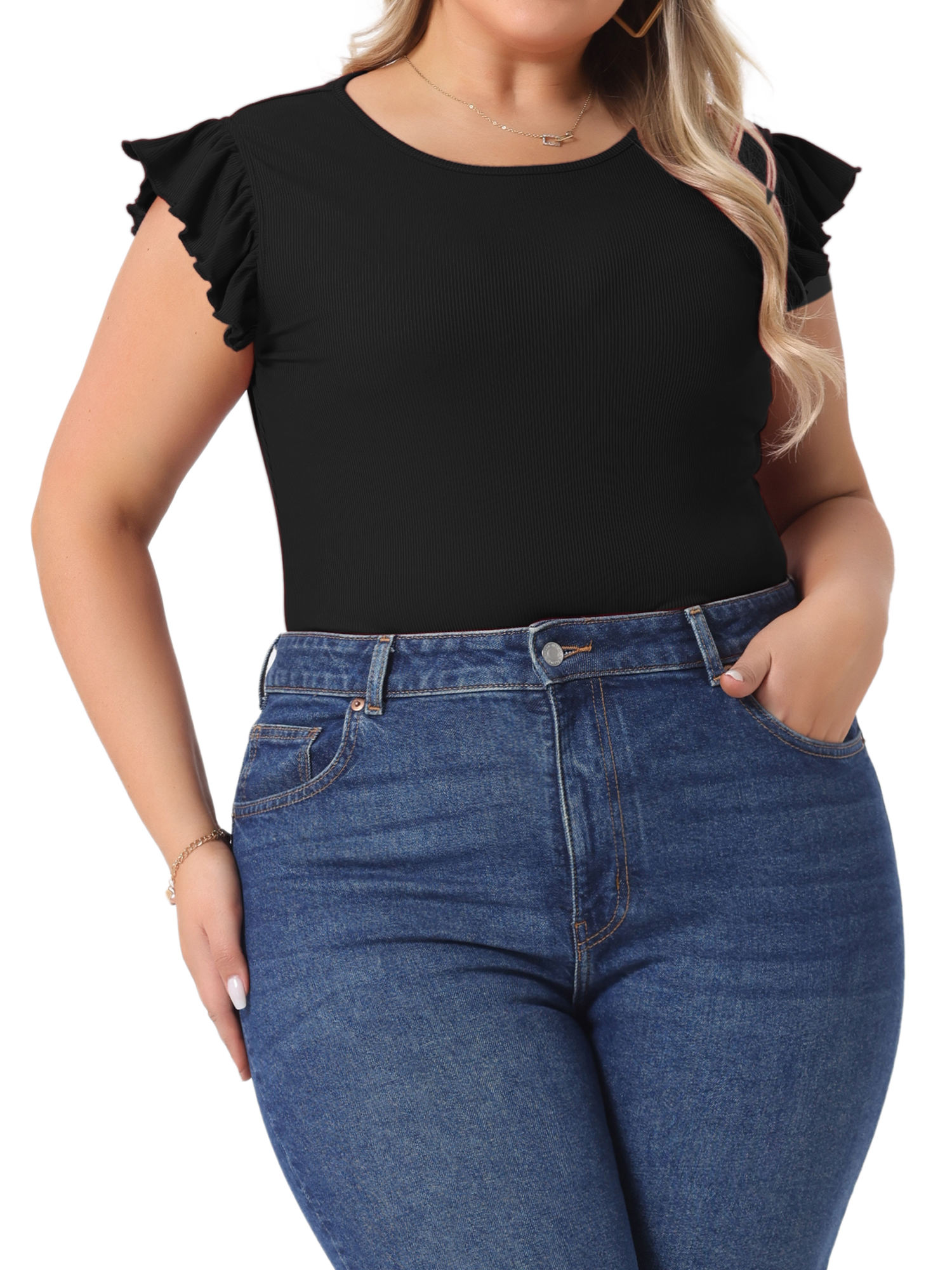 DARING DIVA Women's Plus Ruffle Sleeveless Slim Fit Stretchy Bodysuit 4X Black
