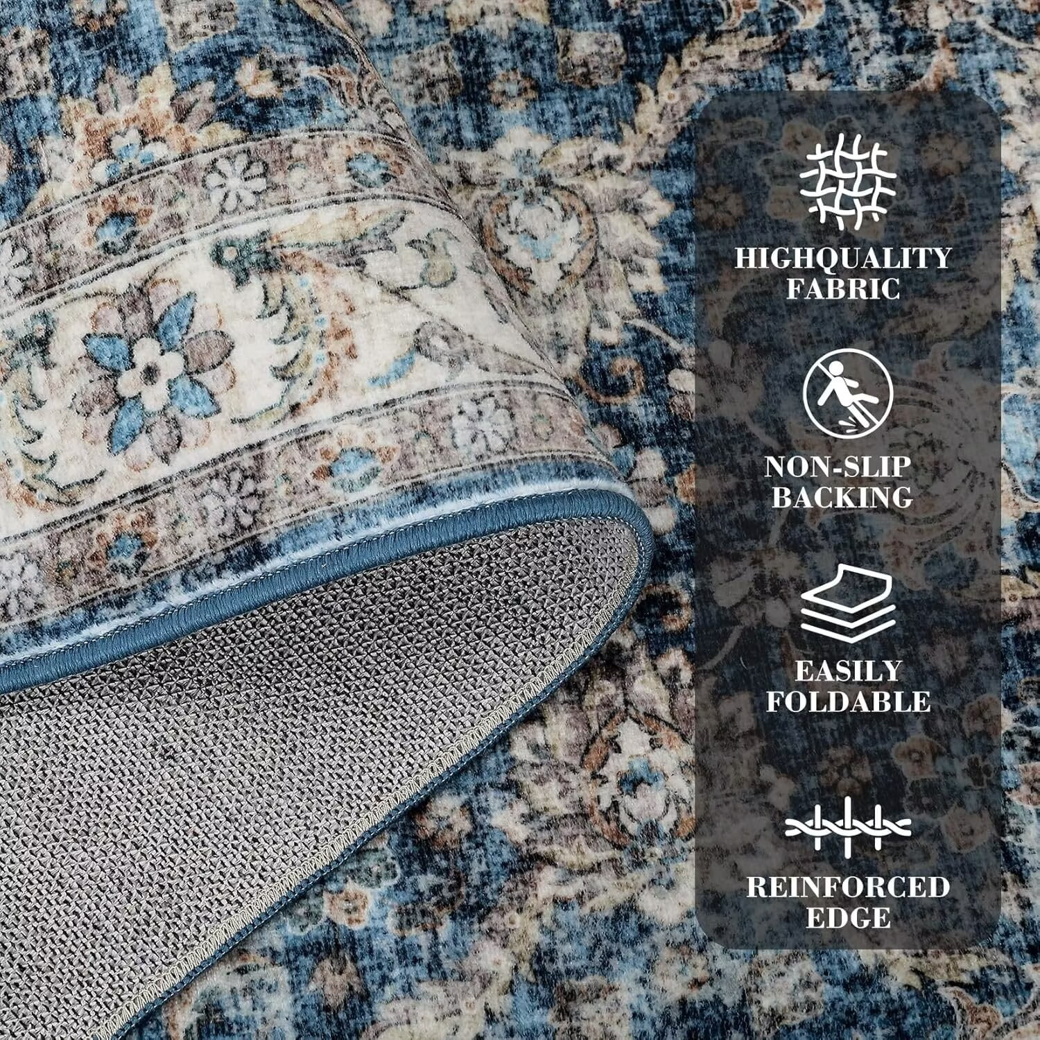 Hasoo 5' x 7' Area Rug for Living Room Boho Vintage Rug Non Slip Throw Rugs Floral Bedroom Rug, Blue