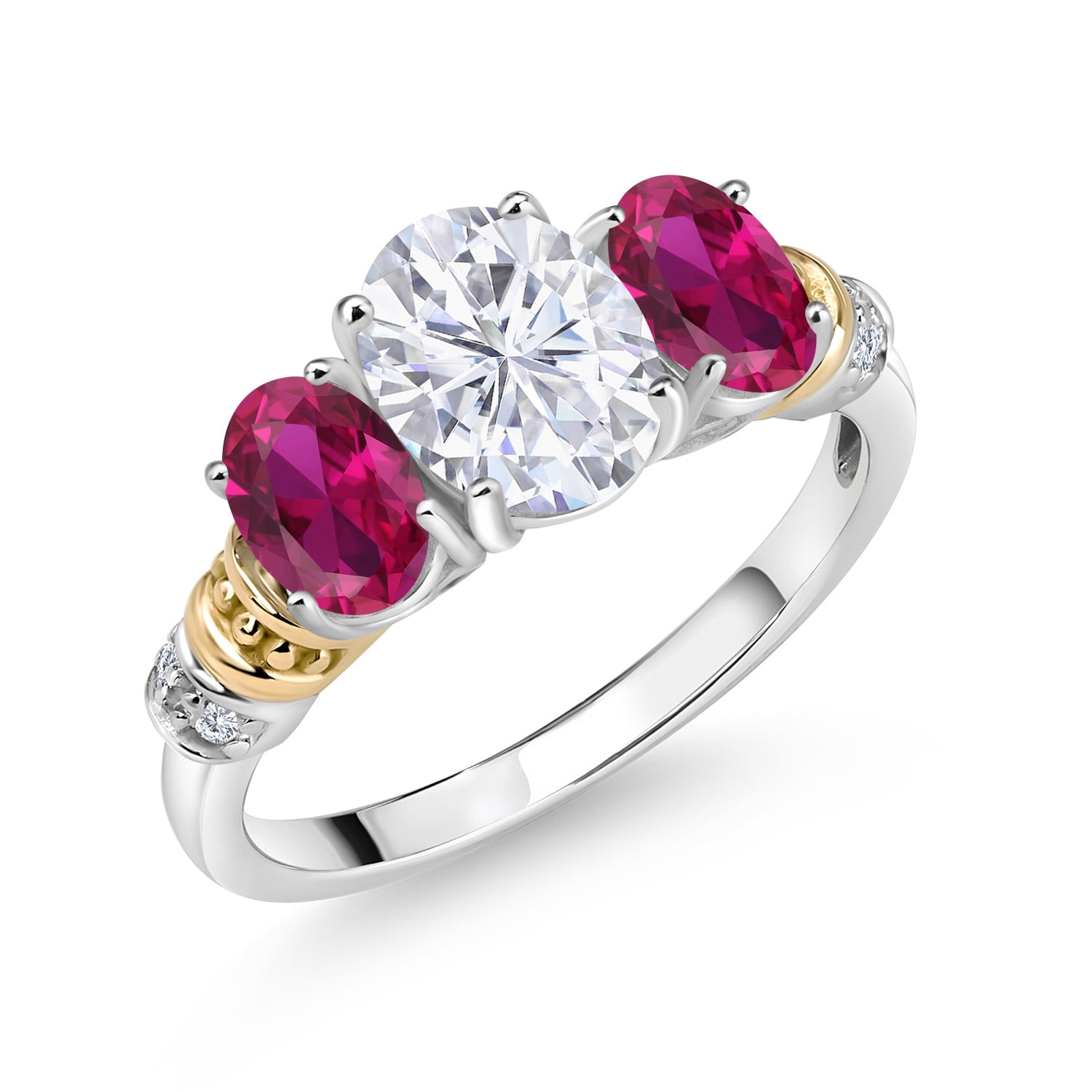 Gem Stone King 925 Sterling Silver and 10K Yellow Gold Oval White Moissanite Red Created Ruby and White Diamond 3 Stone Ring for Women (2.53 Cttw Gemstone Birthstone Size 5)