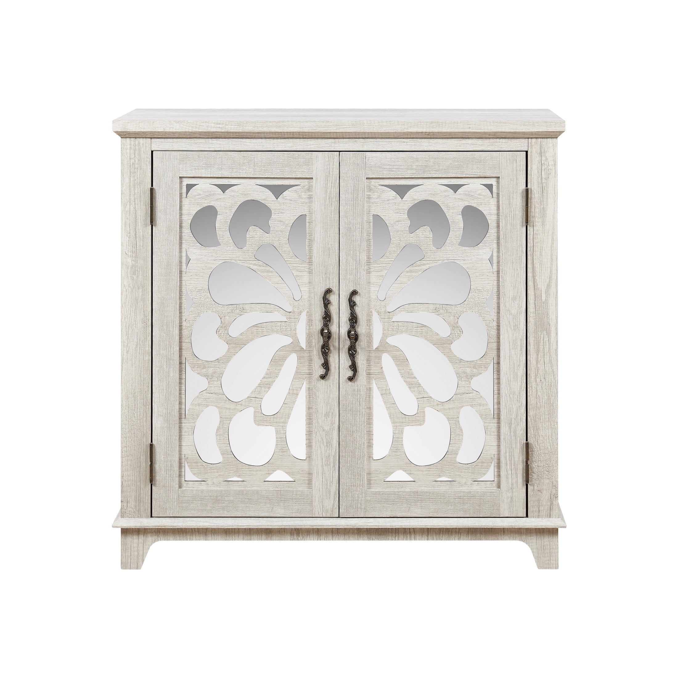 GDF Studio Danus 2-Door Acrylic Mirrored Sideboard Cabinet, Rustic Hollow-Carved Storage Cupboard for Kitchen, Light Gray