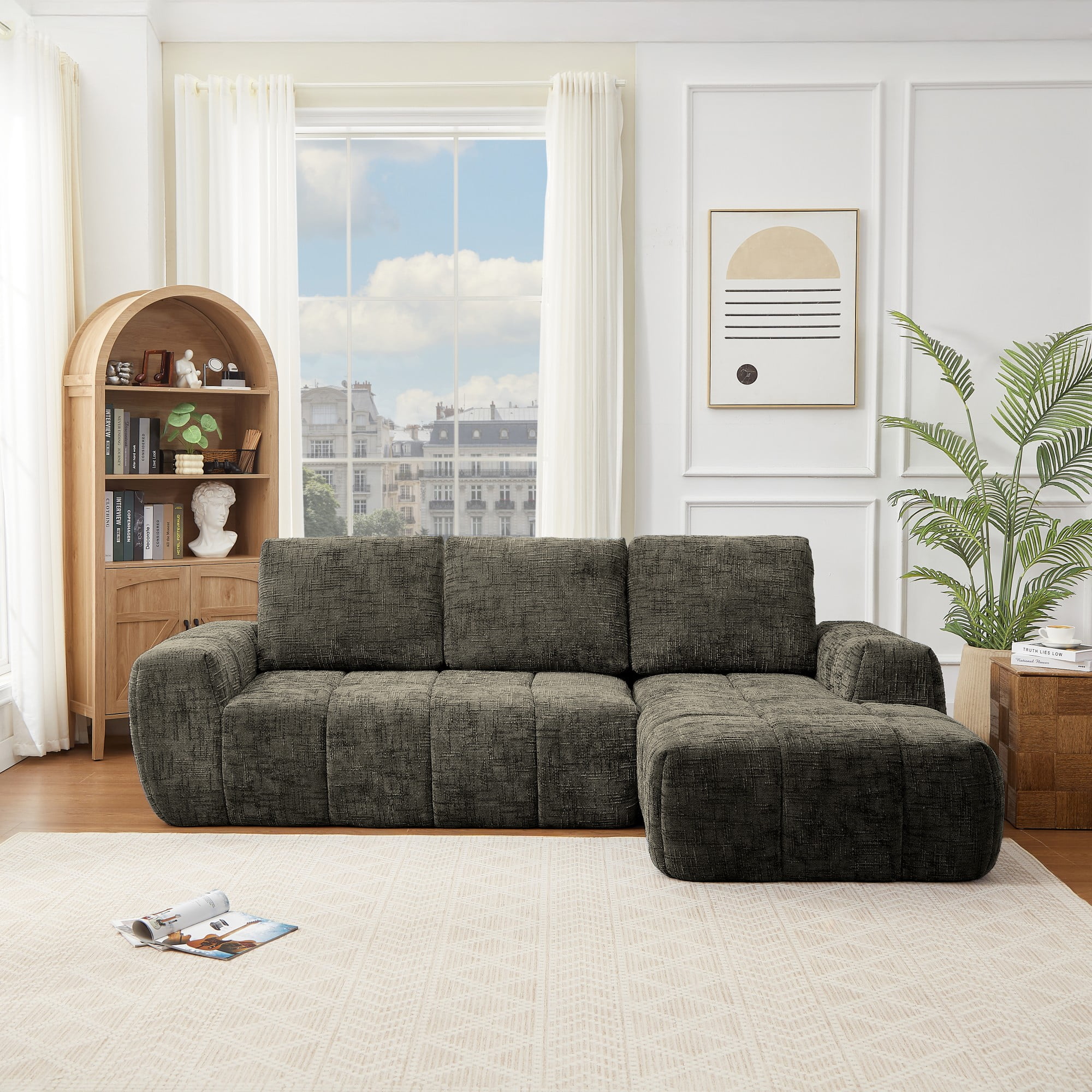 Gewnee Brown L-Shaped Sectional Sofa, High-Quality Chenille Fabric with High-Density Sponge, for Living Room