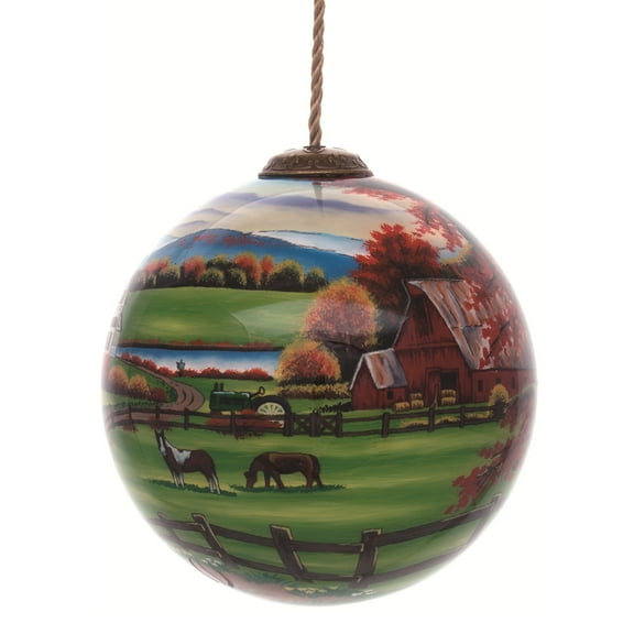 4" Idyllic Fall Scenery Hand Painted Mouth Blown Glass Hanging Christmas Round Ornament