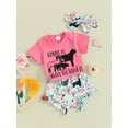 thumbnail image 3 of FEORJGP Infant Baby Girl Summer Shorts Set Newborn 3M 6M 12M 18M Short Sleeve Romper Letter Print Jumpsuit Crew Neck Bodysuit Graphic T-shirt with Anin Shorts and Headband Casual Cute Outfit, 3 of 9