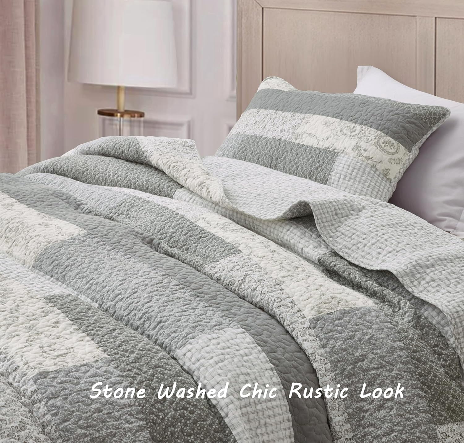 Chezmoi Collection 3-Piece Muted Gray White Ivory Floral Plaid Rectangular Patchwork Cotton Quilt Reversible Lightweight Bedspread Set, Oversized King 120x96