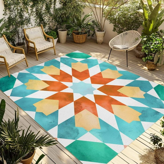 Fsddascl Colorful Boho Geometric Outdoor Rug for Patio/Deck/Porch, Non-Slip Large Area Rug 6 x 9 Ft, Modern Abstract Ethnic Pattern Indoor Outdoor Rugs Washable Area Rugs, Camping Rug Carpet