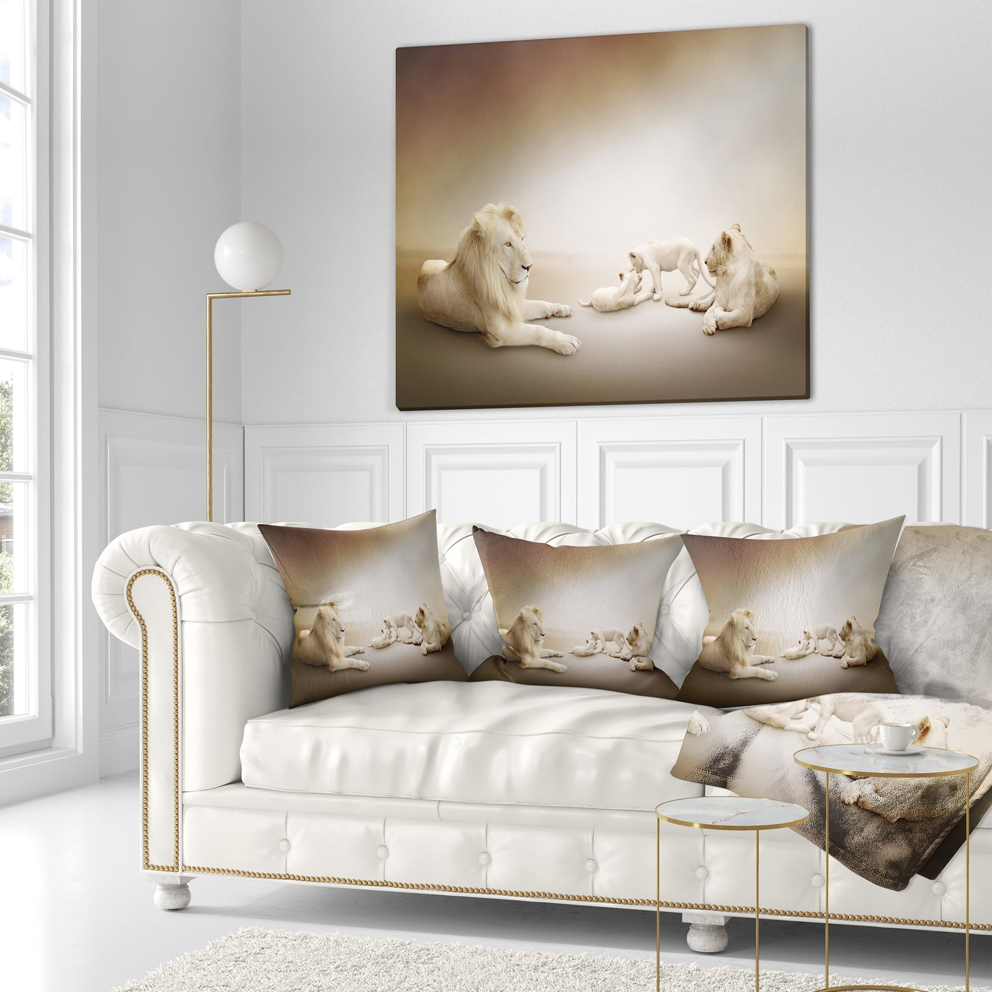 Designart White Lion Family - Animal Throw Pillow - 18x18