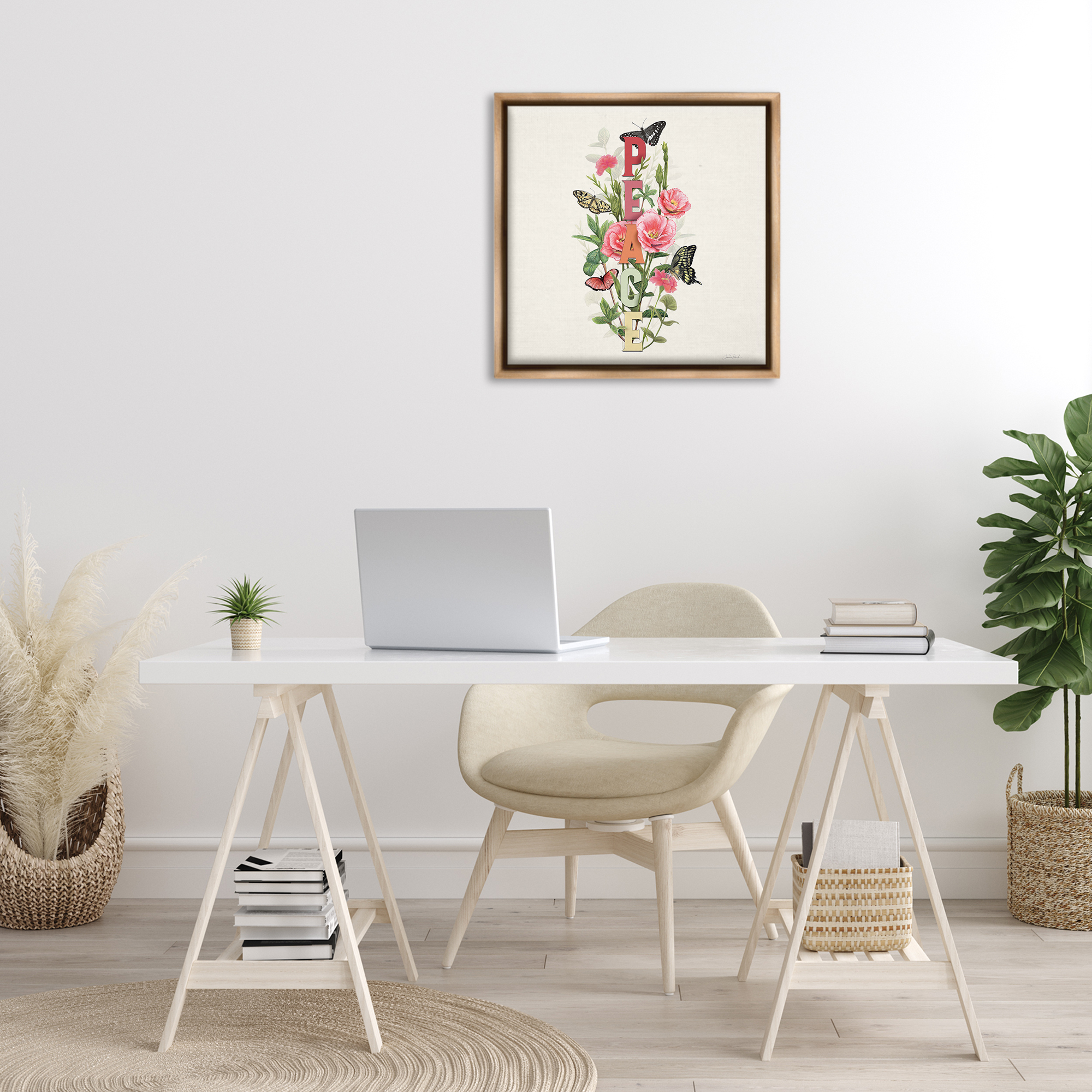Stupell Industries Peace with Butterflies Botanical & Floral Painting Brown Floater Framed Canvas Art Print Wall Art, 25 x 25