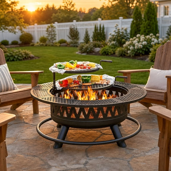 42 Inch 3-in-1 Fire Pit with 2 Grills – Large Outdoor Wood Burning Fireplace for Camping, Picnic & Bonfire, Round Metal Table with Lid for Backyard, Patio & Party