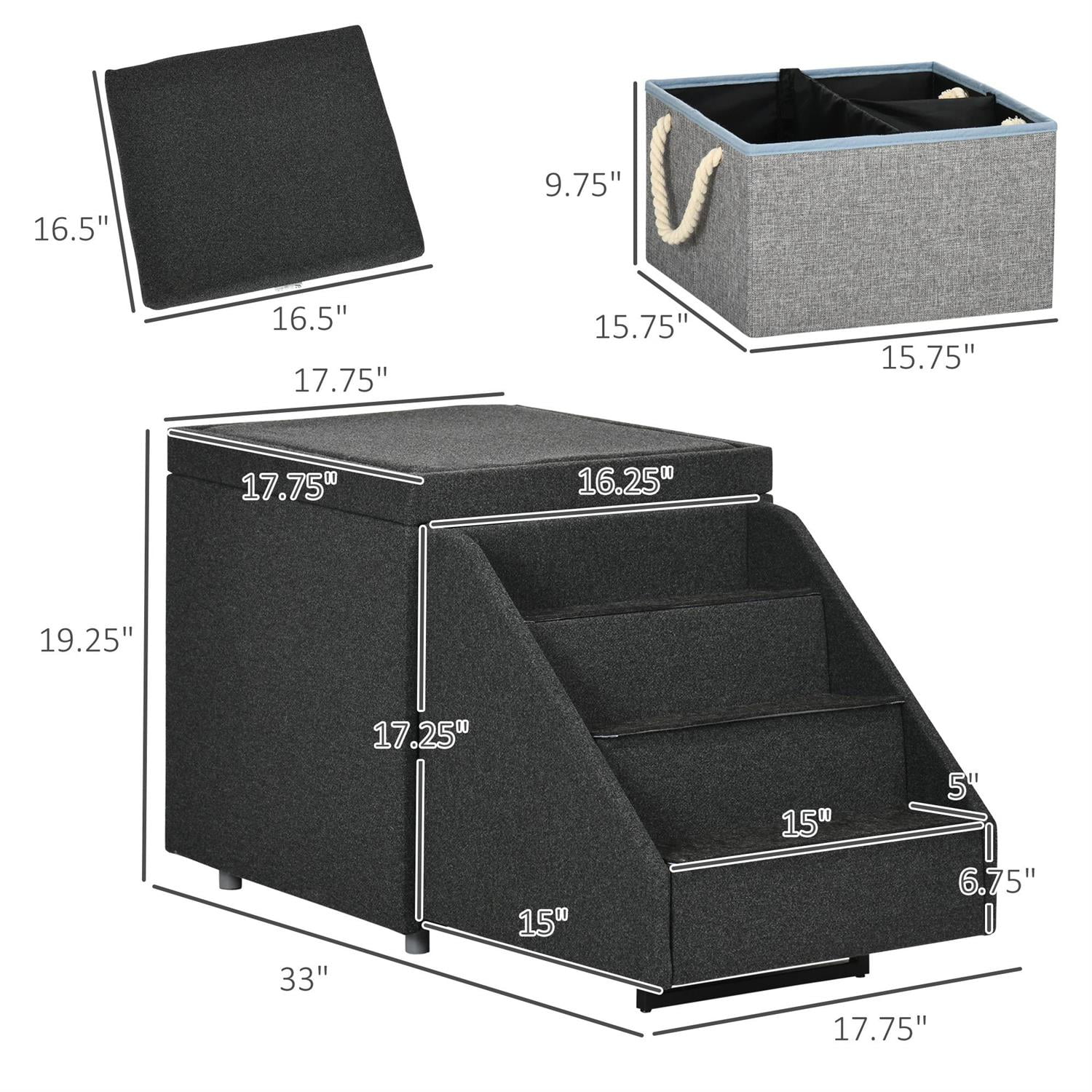 Pefilos 33" Multi-purpose Dog Stairs Ottoman for Small and Medium Dogs, 4-Step Dog Steps for High Bed and Couch, with Storage Compartment Cushion, Gray