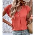 thumbnail image 5 of Kovlvoll Womens Tops Summer 2 Buttons V-Neck Solid Color Short Sleeve Shirts Loose Casual Lightweight Comfy Top Blouse, 5 of 6