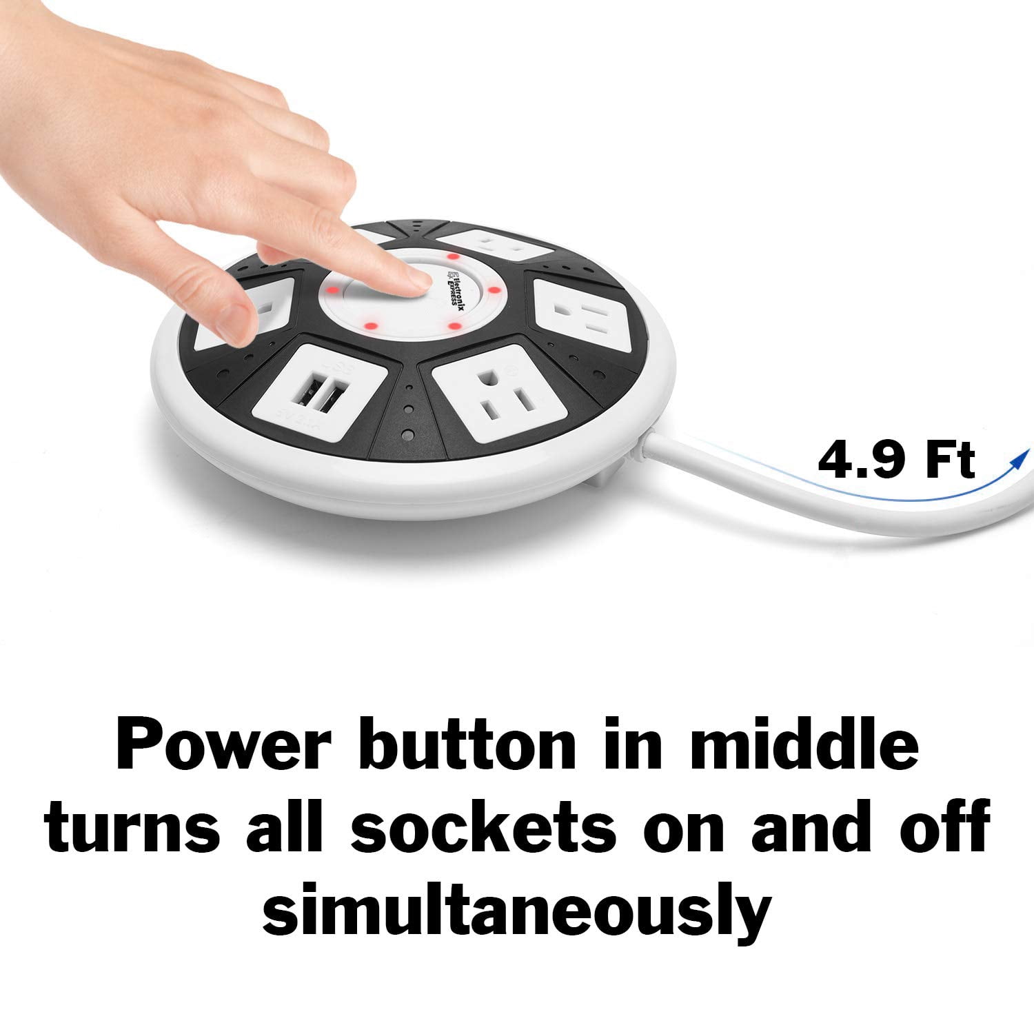 ETL Certified Round Power Strip - 5 Outlets with Surge Protection, 2 USB Charging Ports, and On/Off Button by Electronix Express