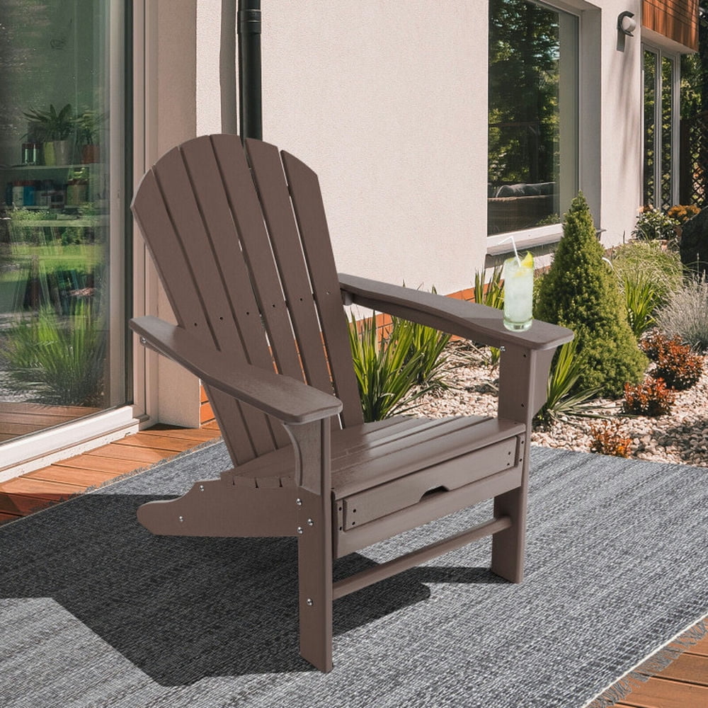 Topcobe Patio HDPE Adirondack Chair with Retractable Ottoman, Outdoor Patio Furniture for Balcony Garden Backyard -Brown