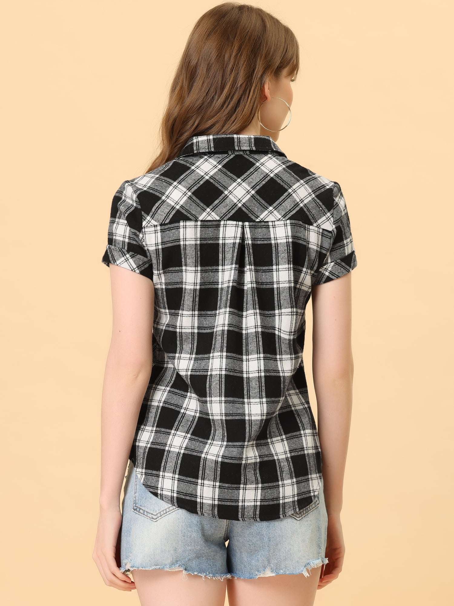 DARING DIVA Women's Casual Boyfriend Plaid Button Down Flannel Shirt M Black