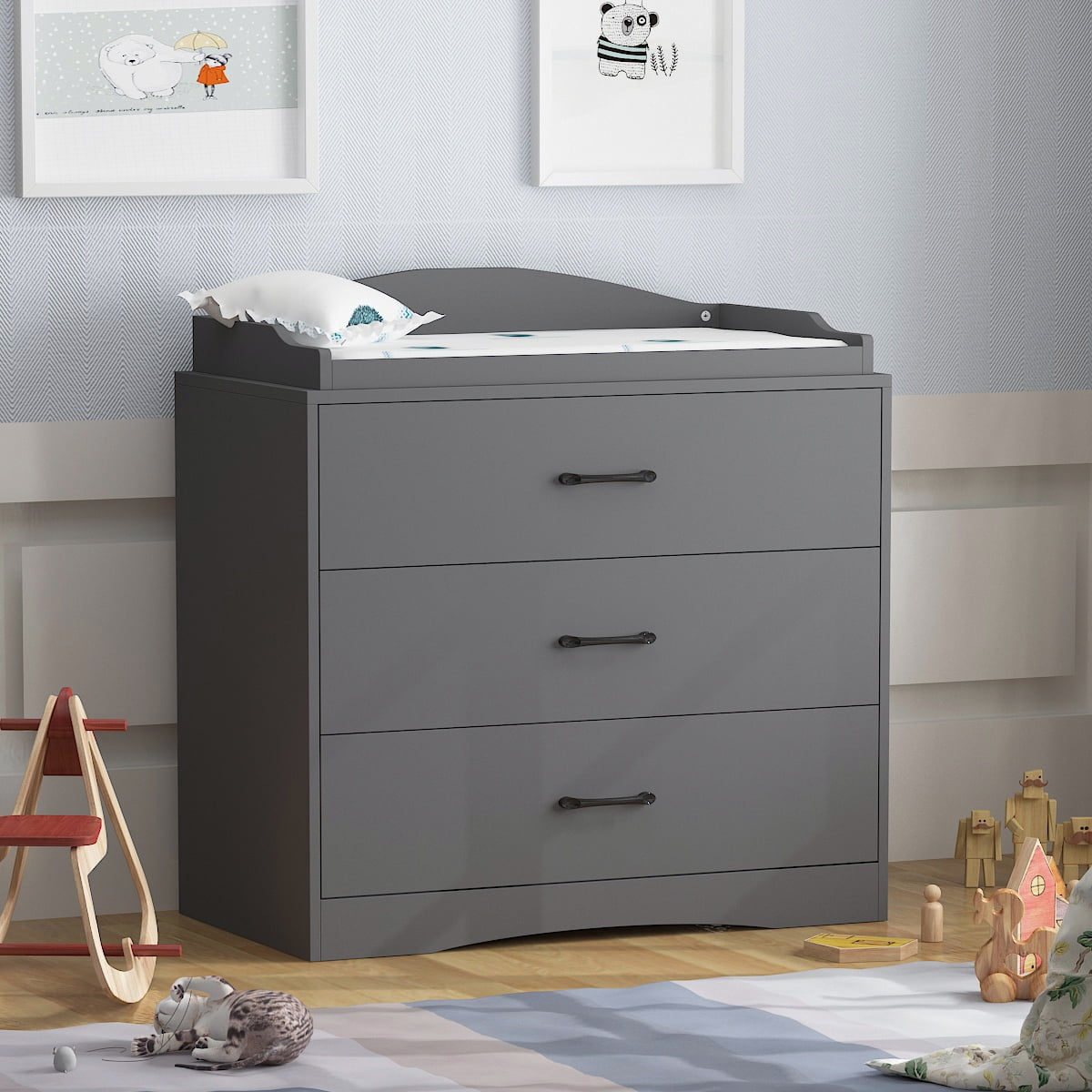 35.4”L x 19.5”W x 30.9”H FAMAPY Nursery Dresser with Wide Storage 3-Drawer Chest Dresser with Changing Top for Nursery Bedroom Black 
