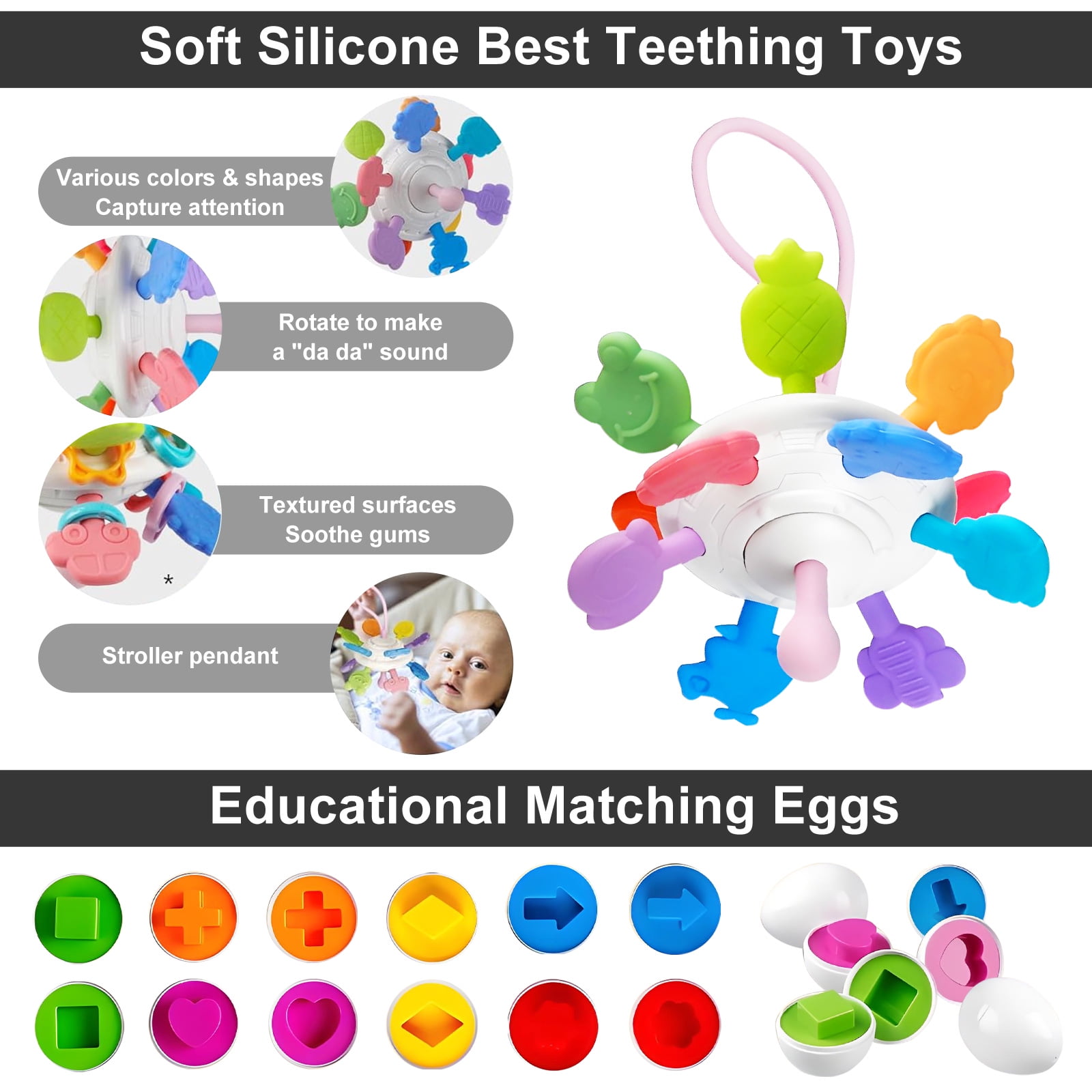 6-in-1 Montessori Baby Toys for 6-12 Months, Pull String Teether, Infant Stacking Blocks, Sensory Storage Bin Teething Toy Gifts for 1 2 3 Year Old Boys Girls