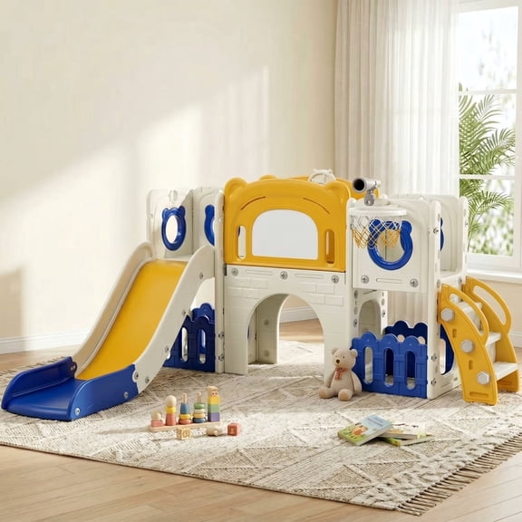 Pirecart 10-in-1 Kid Climber Slide,Toddler Slide Set with Basketball Hoop and Ball, Drawing Board, Non-Slip Steps, Indoor Outdoor Playground for Age 3 , Yellow Blue