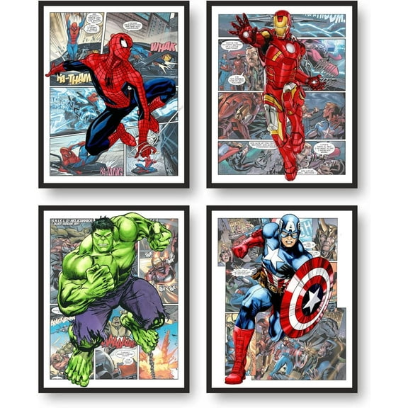 Boys Comics Canvas Wall Decor Poster Prints, Set of 4 FRAMELESS (8x10 inch), Superhero room decor for boys, Superheroes poster, Superheroes Wall Art, Posters For Boys Room Unframed