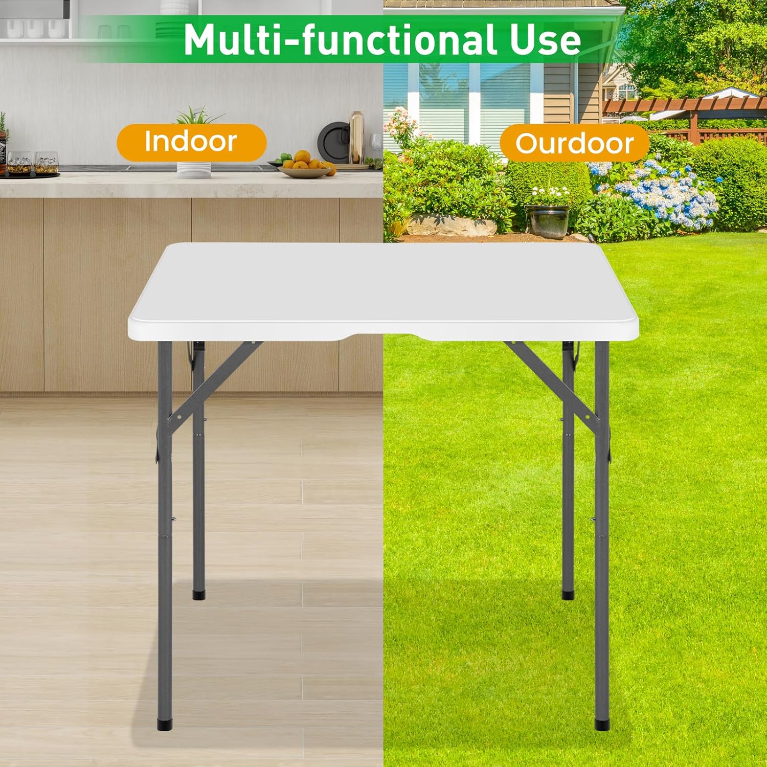 Dkelincs Folding Table 34" Square Card Table Plastic Foldable Portable Table Utility Dining Table for Camping, Party, Picnic, Support 330 lbs(White)