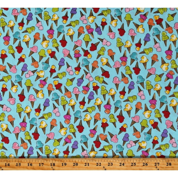 Cotton Ice Cream Cones Icecream Summer Treats Sweets Desserts Food Cone Party Turquoise Cotton Fabric Print by the Yard (692-308)