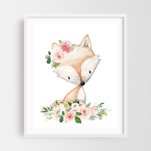 Fox, Forest Animals, Woodland Animals, Boho, Pink Flowers, Girl Nursery - Illustration Fox Watercolor Floral Woodland Whimsical Animal White Framed Wall Art Print 9 x 12 inches