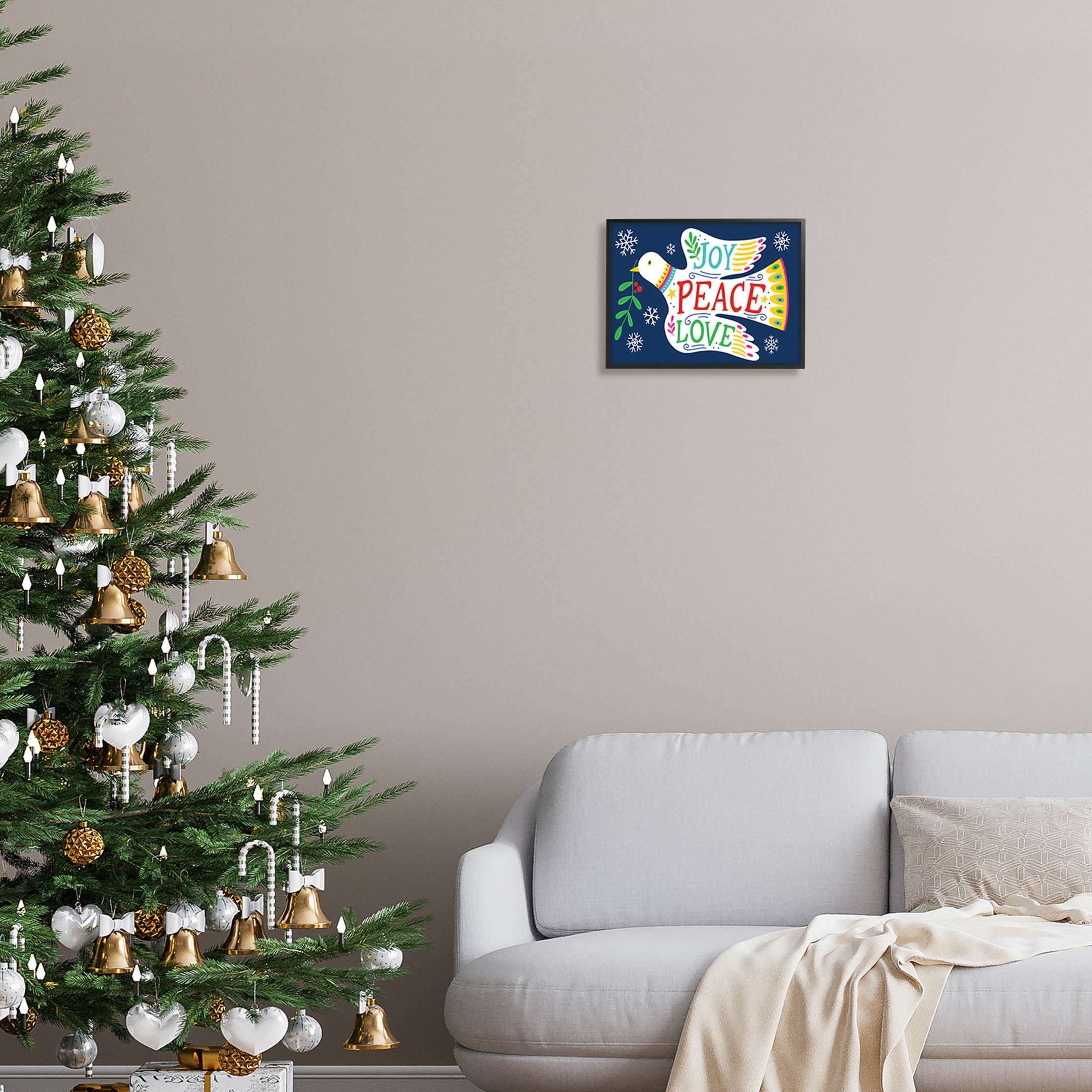 Joy Peace Love Dove Holly Sprig Holiday Graphic Art Black Framed Art Print Wall Art