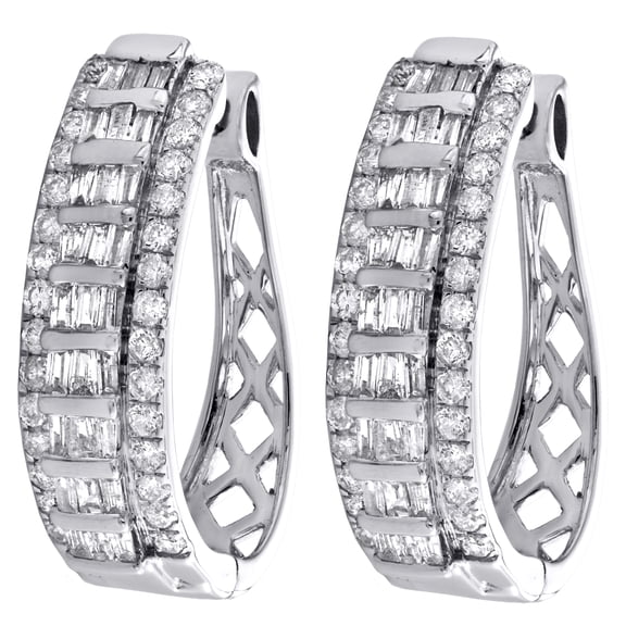 10K White Gold Tapered Baguette Diamond Oval Hinged Hoop Dome Earrings 1.50 CT.