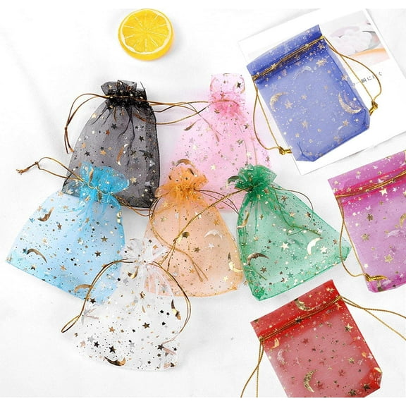 50PCS Moon Stars Drawstring Organza Bags Jewelry Gift Bags Pouches Gold Star Organza Favor Pouches for Christmas Wedding Party