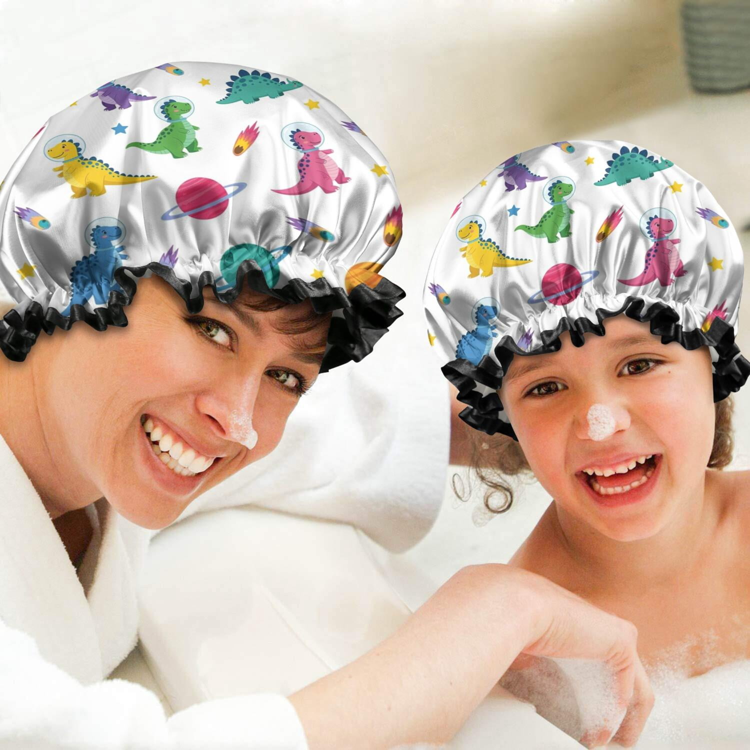 Shower Caps,White Dinosaurs Space Pattern Waterproof Shower Cap for Women 4 Pieces,Double Reusable Hair Cover for Shower PEVA Elastic Stretch Hem
