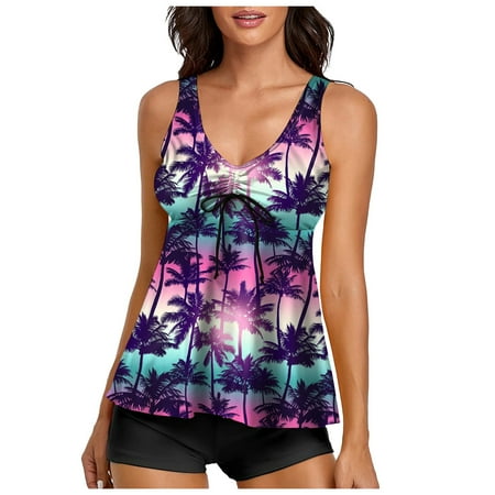 Tankini Swimsuits for Women Tummy Control Two Piece Bathing Suits Summer Tankini Swimwear Flowy Tank Top with BoyShorts