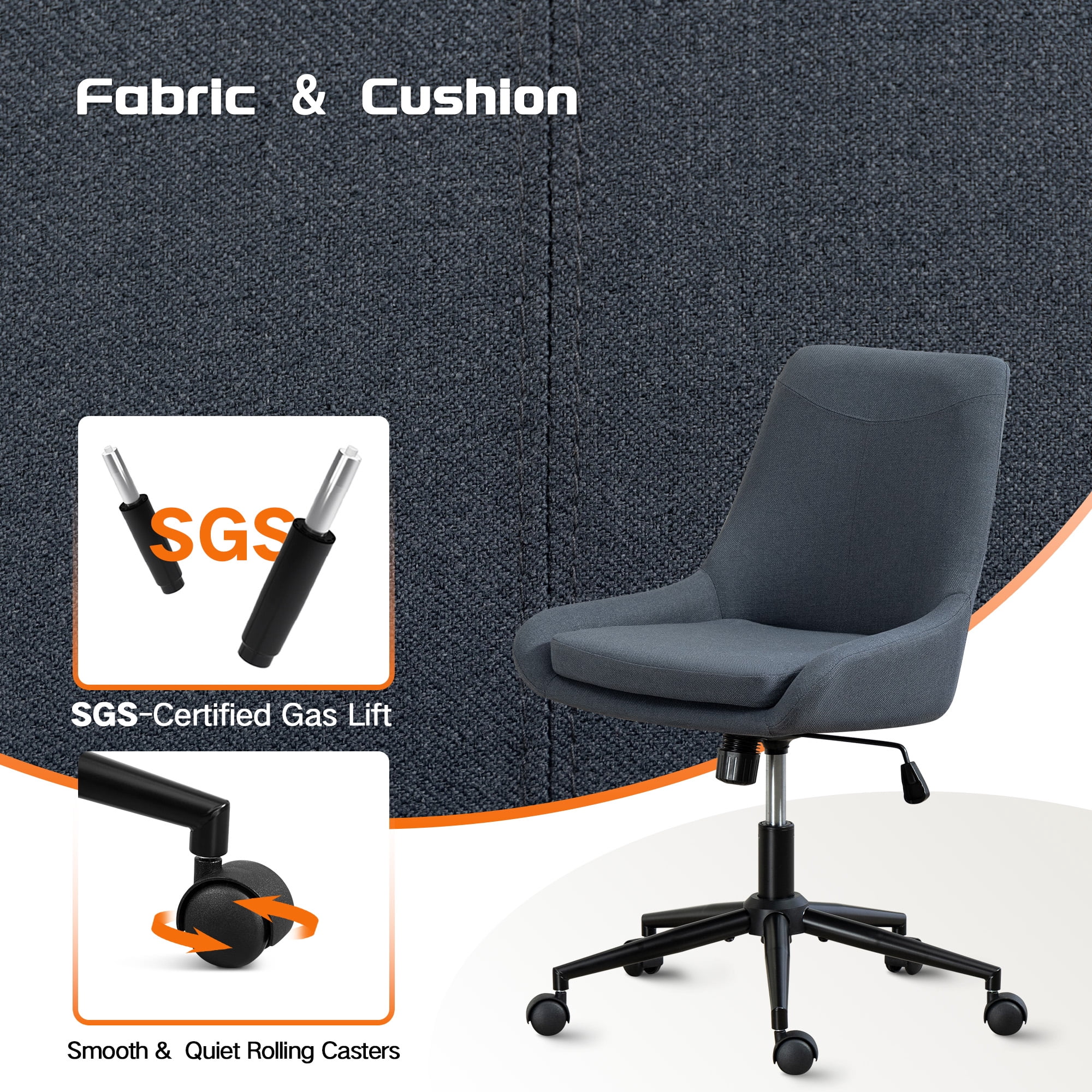 Linen Fabric Home Office Task Chair, Armless Vanity Chair With Wheels, Swivel Adjustable Seat Height Desk Chair with Rocking Function for Bedroom, Living Room or Study Dark Gray
