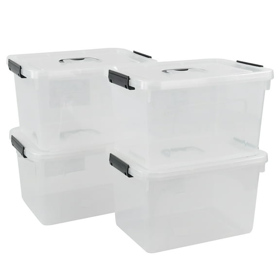 Doryh 10 L Clear Plastic Latching Storage Bin with Black Handle, Stackable Storage Box, 4 Packs
