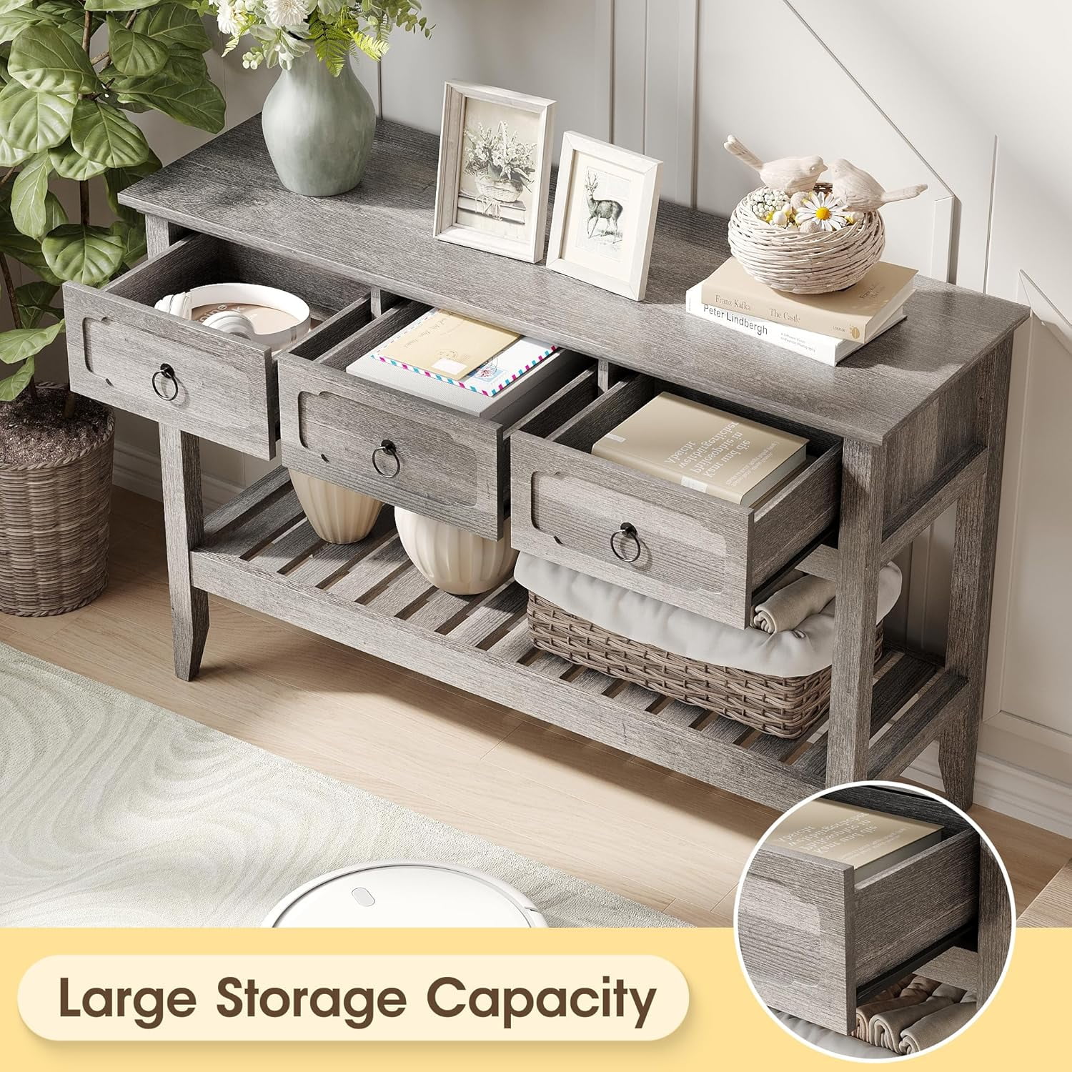 VEANERWOOD Farmhouse Entryway Table with 3 Drawers, 2-Tier Console Table with Storage for Entryway Living Room