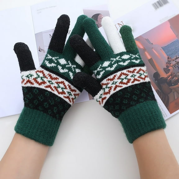 Dyfzdhu Women Men Knitted Gloves Winter Warm Print Outdoor Riding Driving Touch Screen Gloves Green