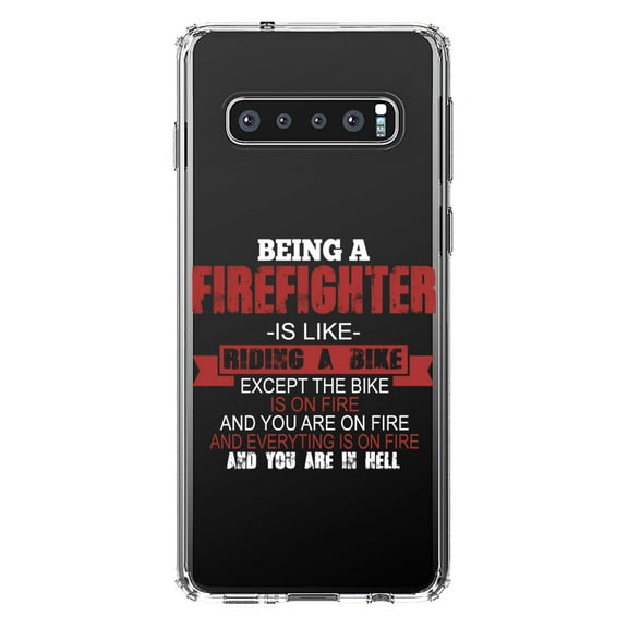 DistinctInk Clear Shockproof Hybrid Case for Samsung Galaxy S10 (6.1" Screen) - TPU Bumper Acrylic Back Tempered Glass Screen Protector - Being a Firefighter is Like Riding A Bike On Fire