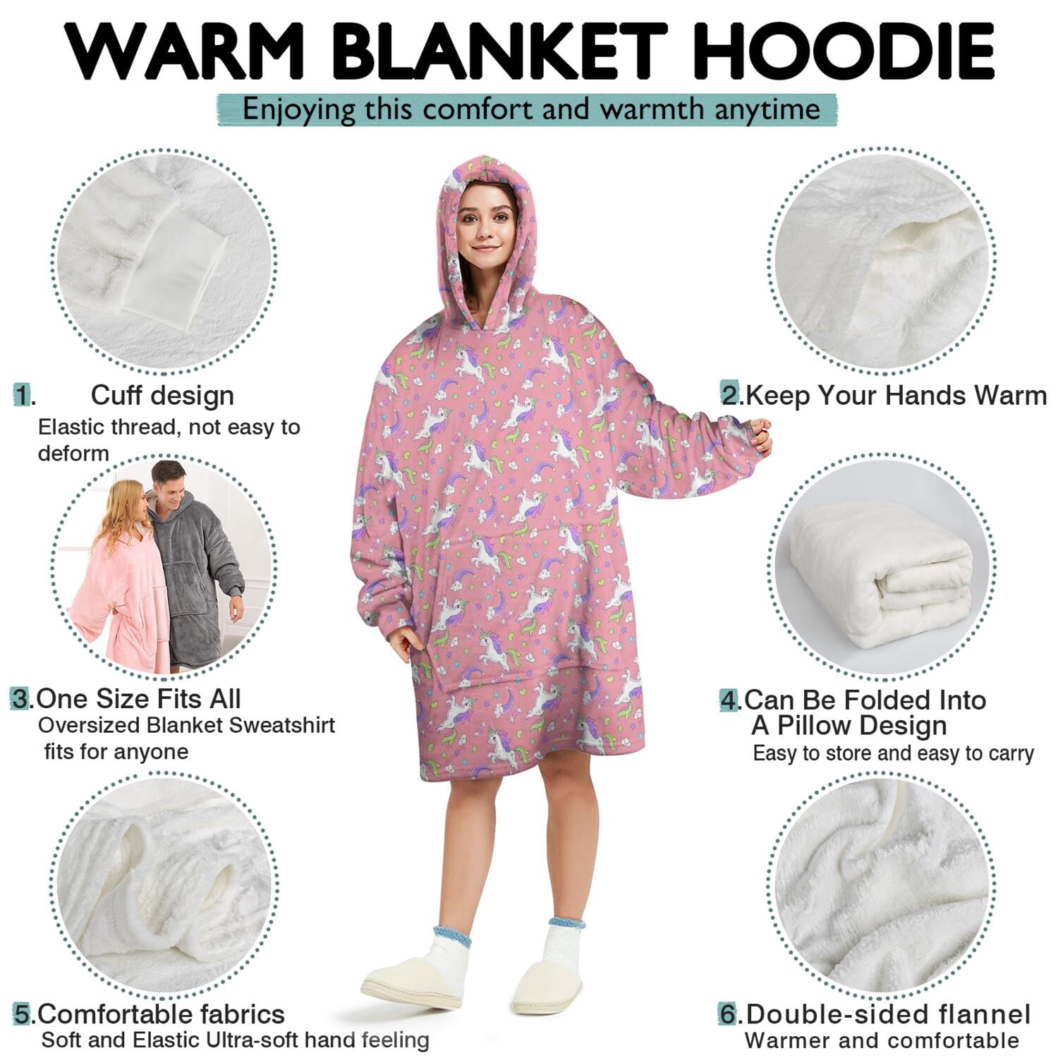 Wearable Oversized Blanket,Pink Unicorn Heart Crescent Pattern Wearable Blanket Hoodie for Adults,Cozy Hooded Blankets with Super Pockets,Super Warm Fuzzy Pullover for Women & Men
