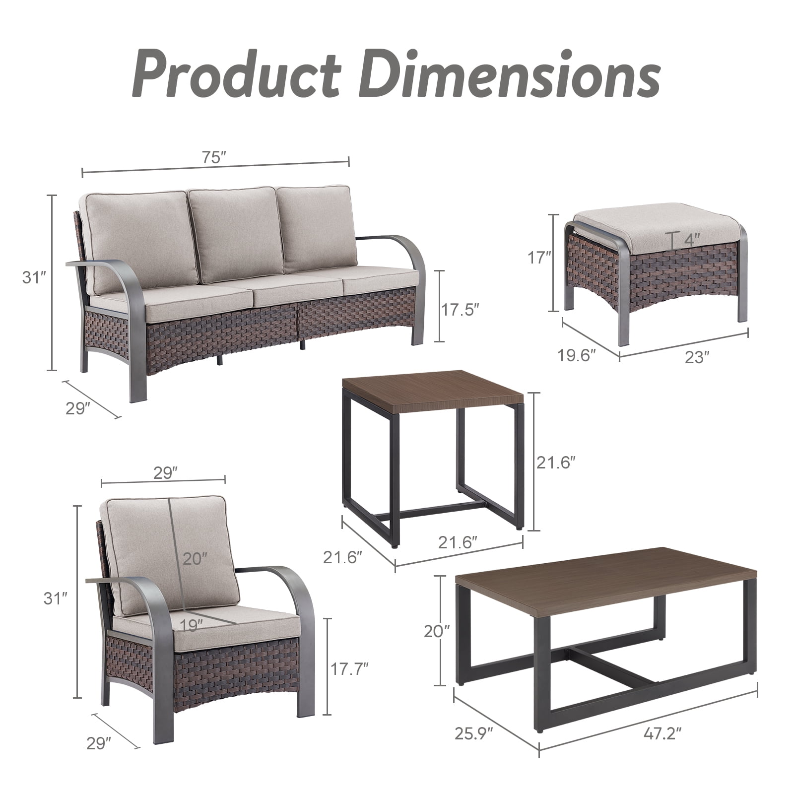 OPOHORO 7-Piece Outdoor Patio Furniture Set with Sofa, 2 Patio Lounge Chairs, 2 Ottomans, Coffee Table and Side Table, PE Wicker Deep Seating with Beige Cushions
