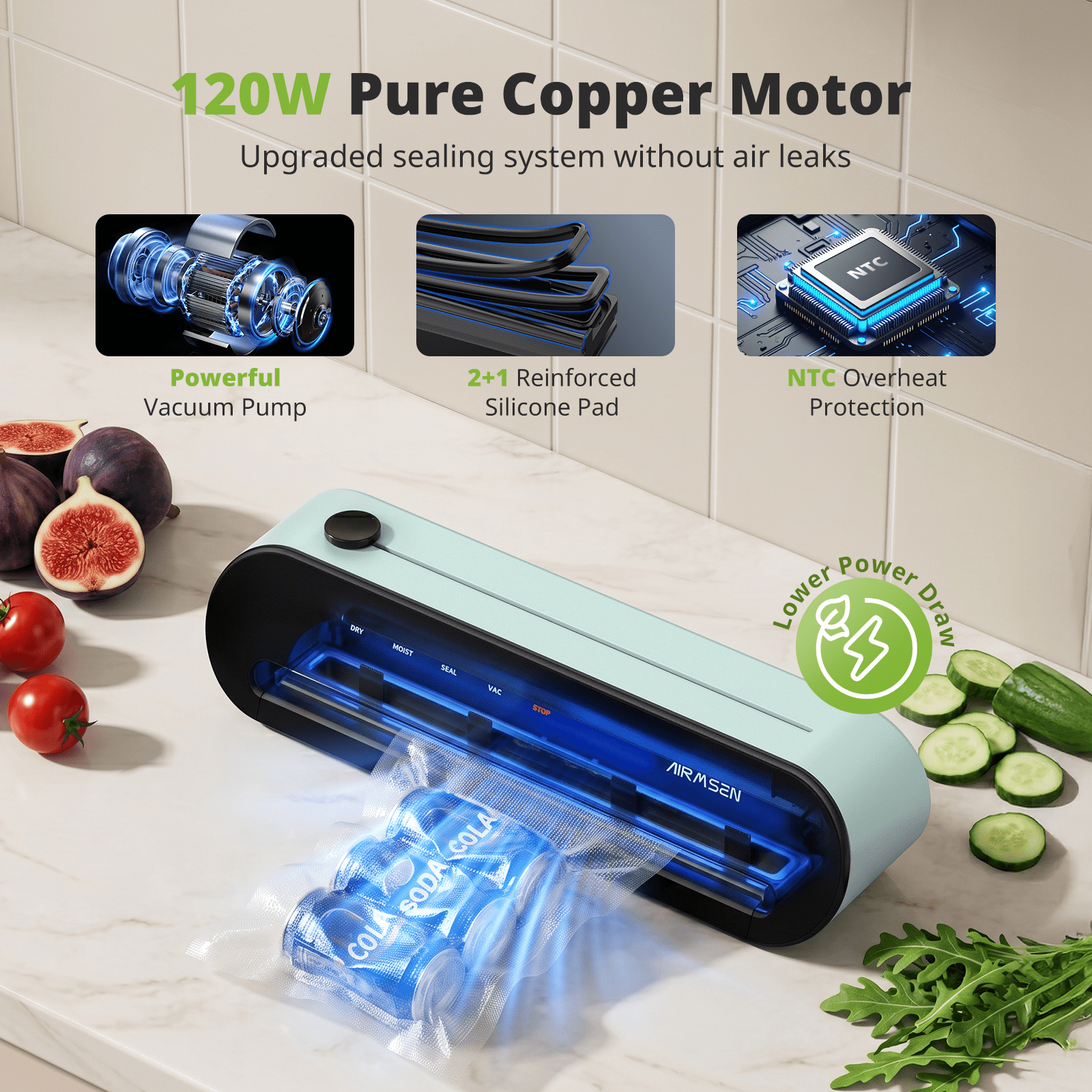 AIRMSEN Fully Automatic Vacuum Sealer Machine, 5-In-1 Food Sealer with External Accessory, Cutter, Pulse Vac, Manual Stop, Includes 1 Roll + 5 Vacuum Bags
