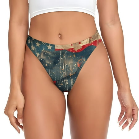 Qokaie Vintage American Flag Elephant Printed Women s Cotton Thong Underwear  Sexy Breathable Panties G-string-Small