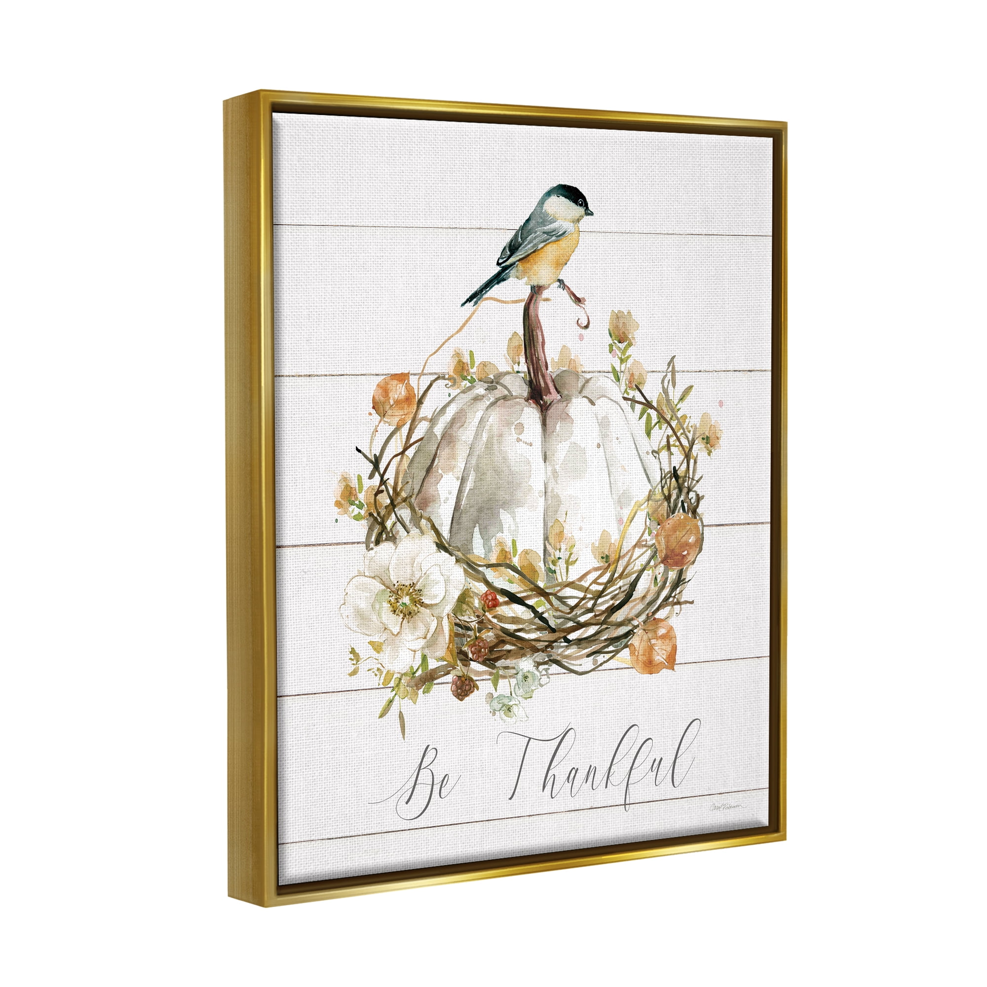 Stupell Industries Be Thankful Fall Florals Botanical & Floral Painting Gold Floater Framed Canvas Art Print Wall Art, 25 x 31