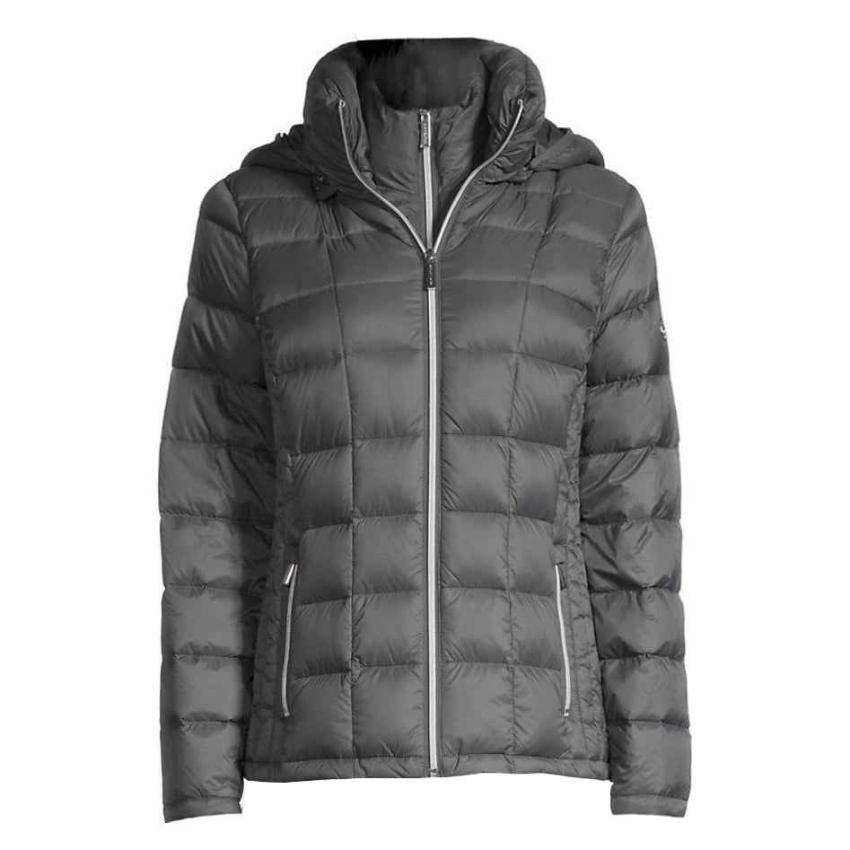 Michael Kors Women's Gunmetal Double Layer Down Coat - Packable Winter Coat  for Women - Womens Down Winter Coat with Removable Hood & Side Zip Pockets  & Zip Closure 