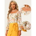 thumbnail image 2 of Top floral fruncido para mujer elegante blusa de manga larga con cuello cuadrado Beige XL, 2 of 6