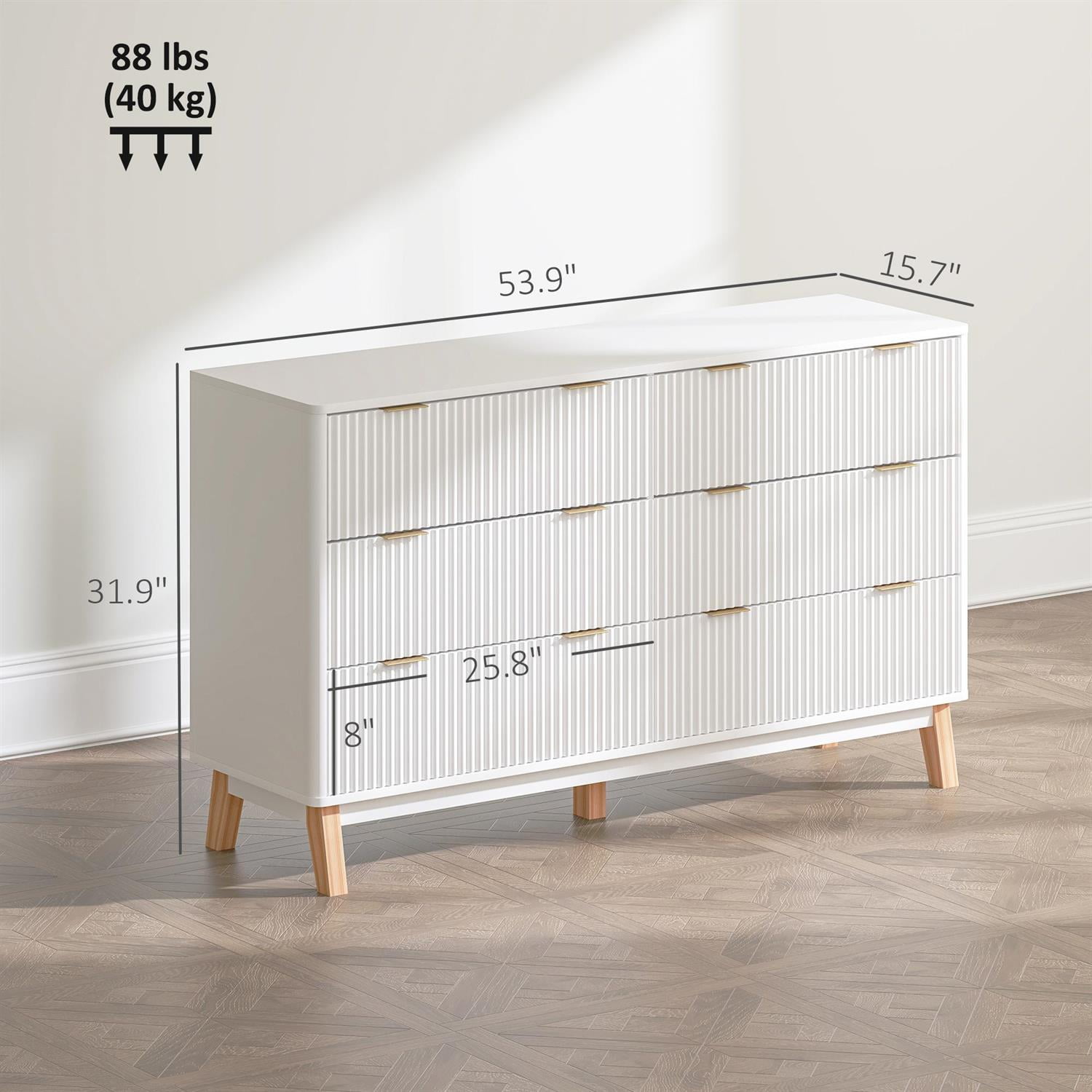 Demi Bonn 6 Drawer Dresser for Bedrooms with Wood Legs and Gold Pulls, Storage Fluted Chest, White